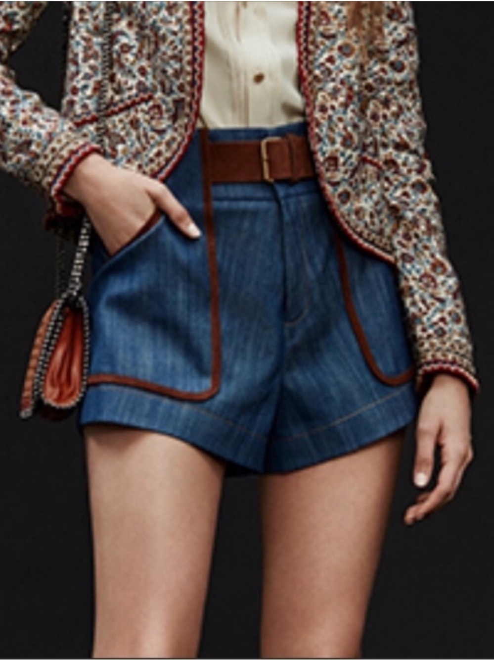 Derek Lam 10 Crosby INTERMIX Shorts Blue HR DARK Wash Saddle Brown Leather Sz 0 - Picture 12 of 13
